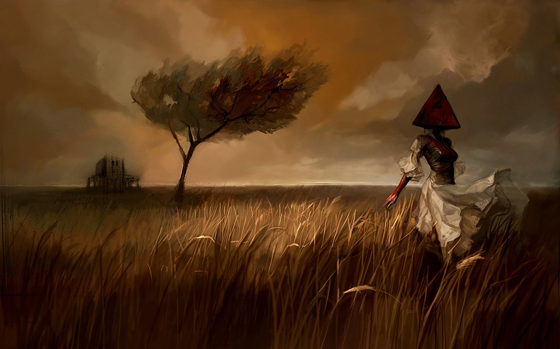 ilent hill quiet hill field girl pyromidogold pyramid-head dress wind tree drawing landscape