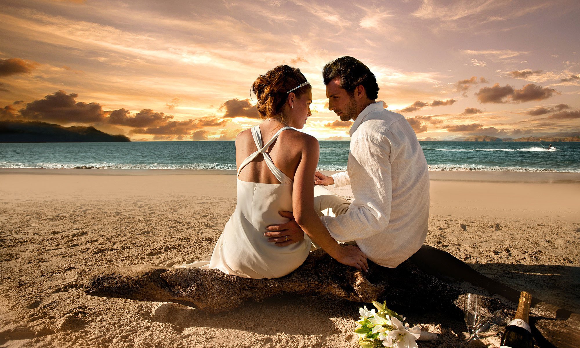 a woman girl men wedding couple love romance beach sunset