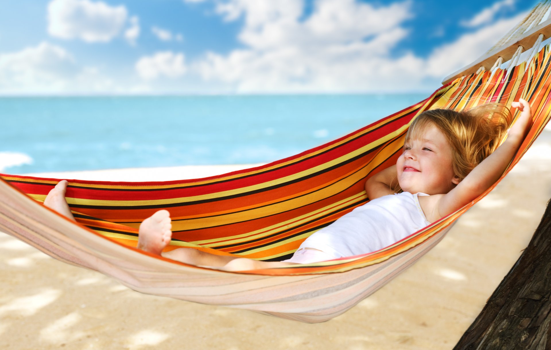 girl sports child hammock sea summer resort beach