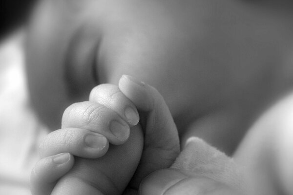 Bebé dormido sostiene a un adulto por el dedo