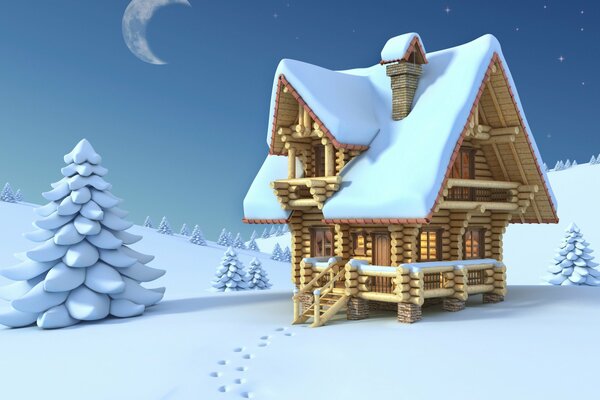 Winter composition with a wooden house