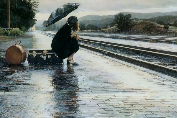 Perron sous la pluie. Fille sur une valise