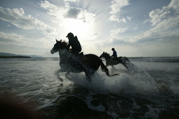 Jeźdźcy konni skaczą po wodzie