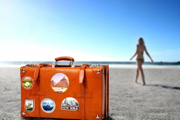 Yellow suitcase girl on vacation resort