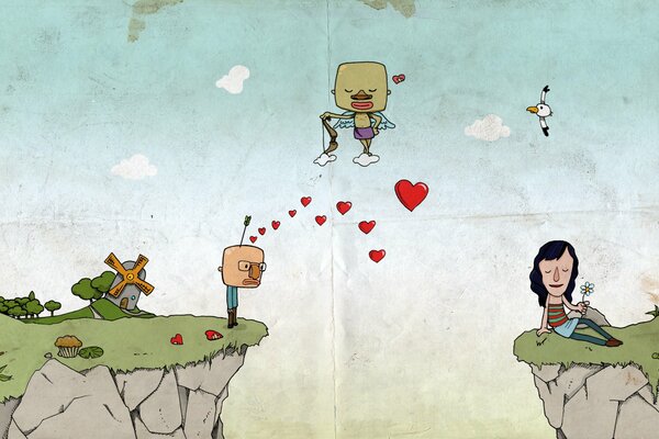 A guy at a distance with a girl, sends her arrows of love and cupid