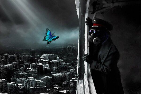 Post-apocalypse. A man in a greatcoat and a gas mask stands on the balcony and looks at a bright butterfly
