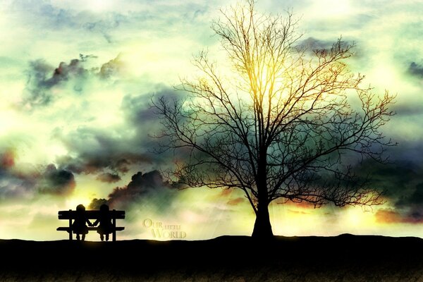 Lovely landscape. Lovers on the bench