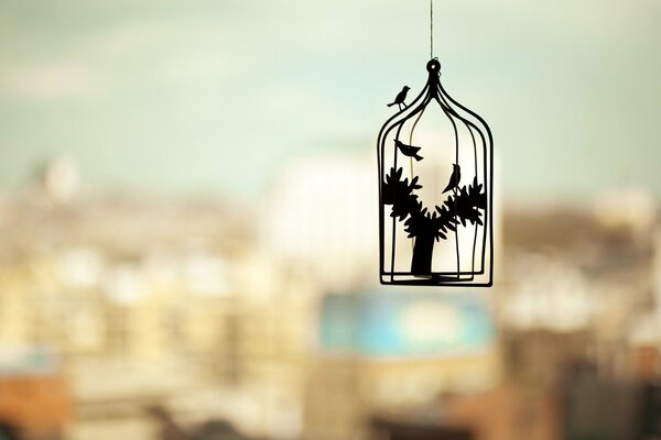 Dekoration eines Vogels in einem Käfig auf einem Stadthintergrund