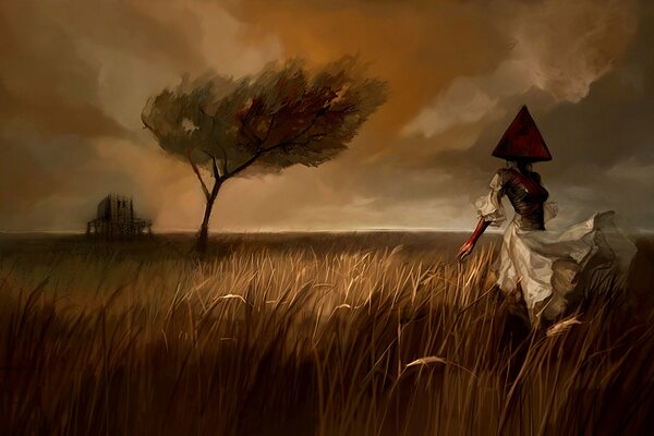 A girl in a pyramid hat walks across the field