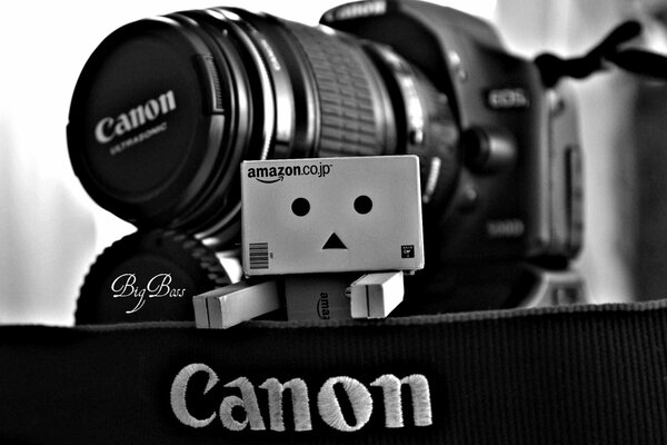 A canon camera and a small box