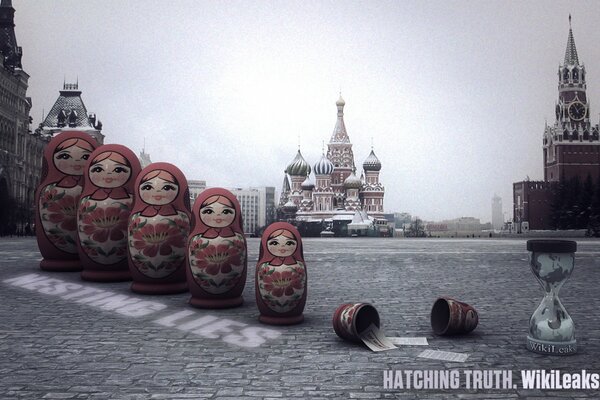 Matryoshka dolls on Red Square against the background of the cathedral