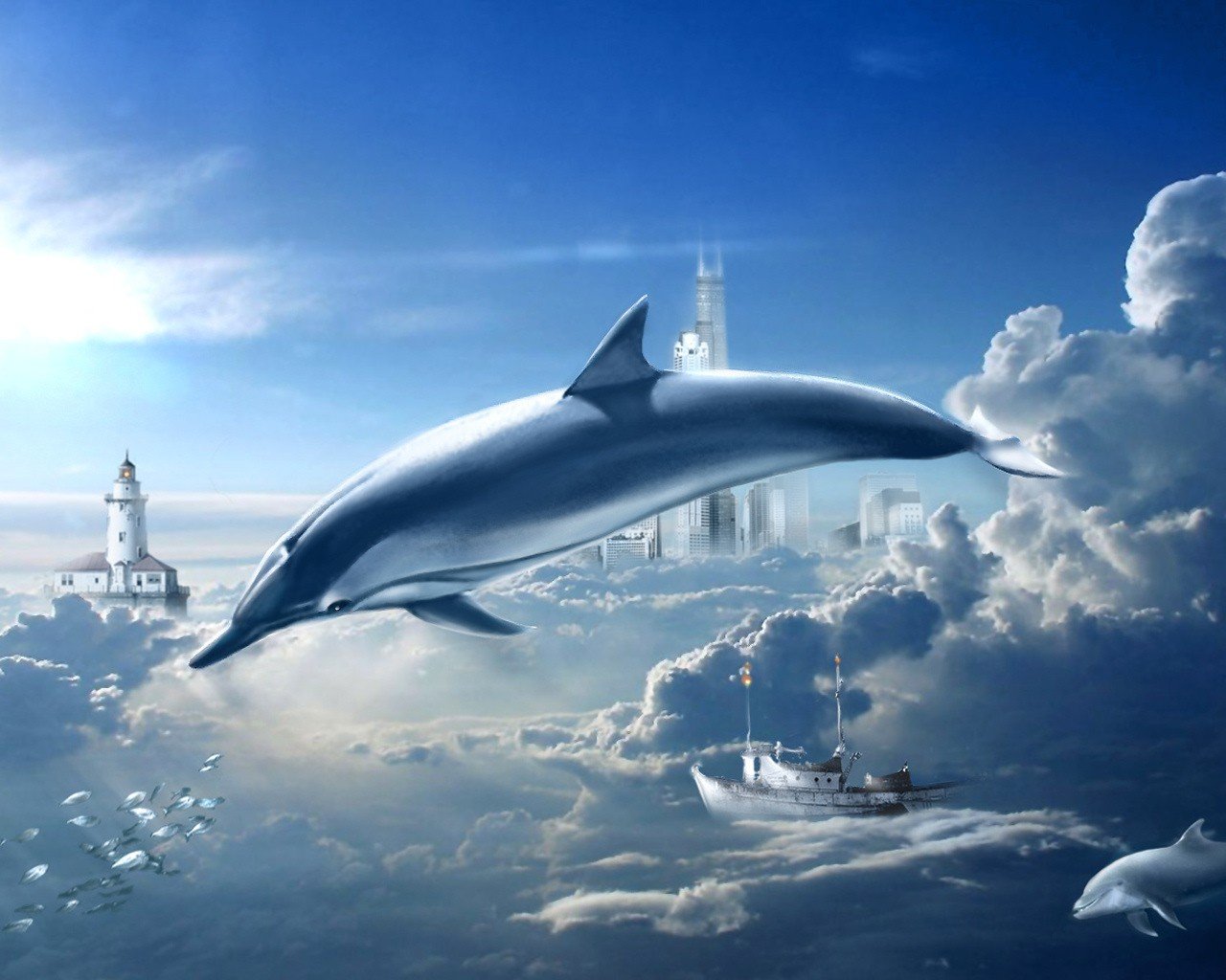 dolphin clouds sky sci-fi