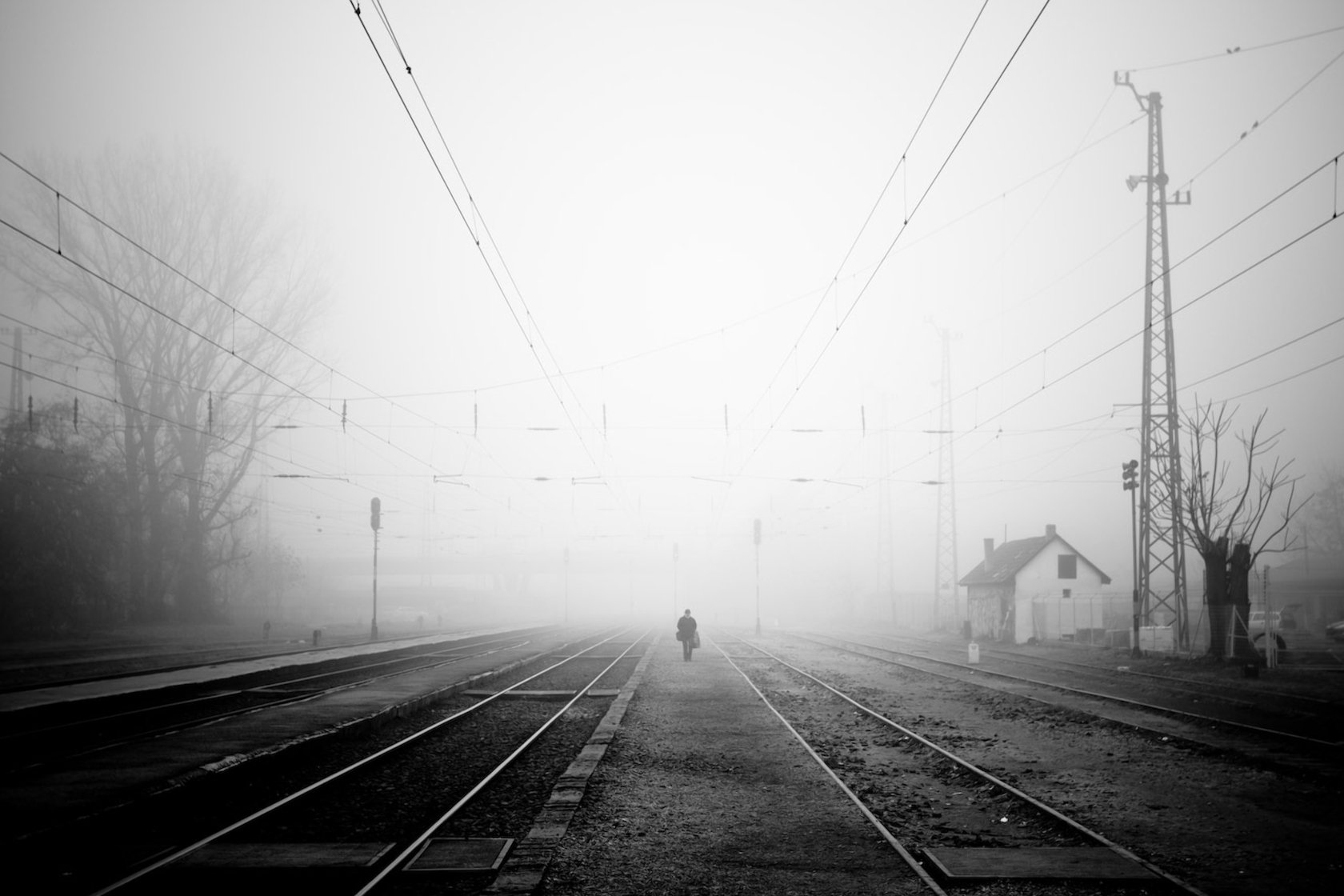 fog railroad man sadne