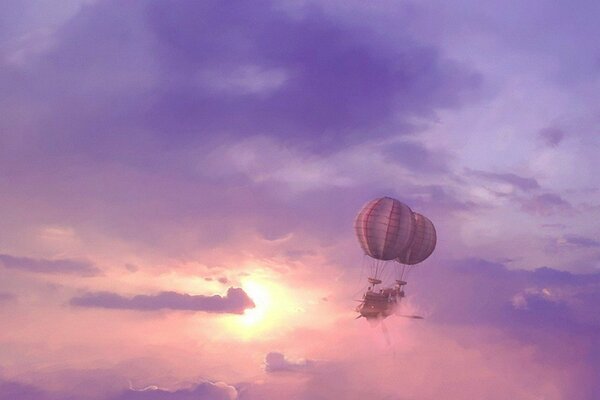 Flying airship in the clouds to the sun