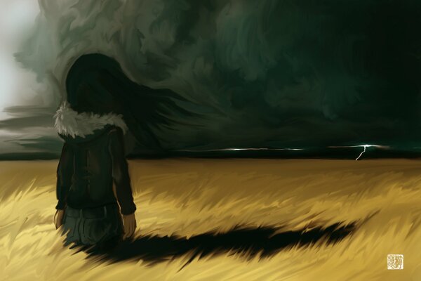 Silhouette of a girl in a field under a thunderstorm