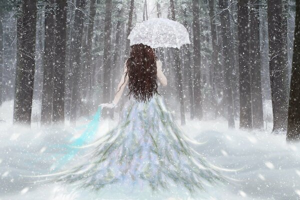 A girl in a white dress with an umbrella in a snowy forest