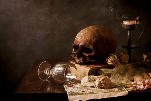 A painting depicting a skull, a candle and a glass