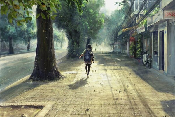 Deszczowy dzień dziewczyna biegnie ulicą