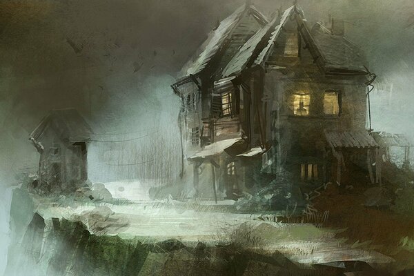 Drawing of a crumbling wooden house with light in the windows in dark tones