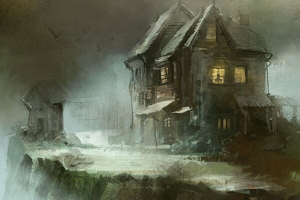 Dibujo de una casa de madera que se desmorona con luz en las ventanas en tonos oscuros