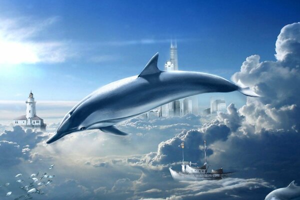 Ein Delphin, der in den Wolken seiner Träume fliegt