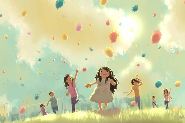 Zeichnung. Kinder lassen bunte Luftballons in den Himmel fliegen