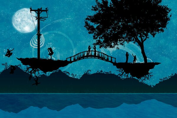 Zeichnung von zwei Inseln, die durch eine Brücke mit Menschen auf dem Hintergrund des Mondes verbunden sind
