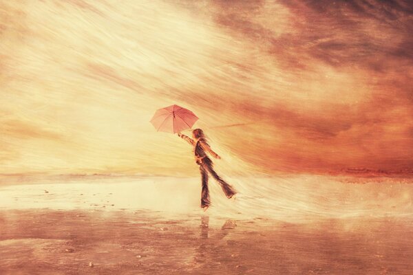 Chica bajo la lluvia en el viento fuerte