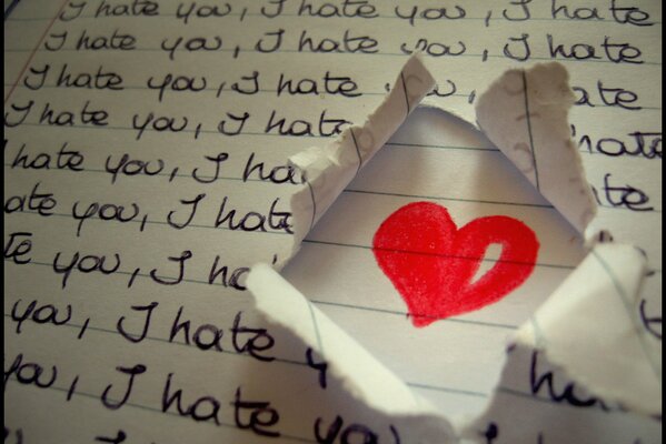 Zeichnung eines Herzens auf Papier mit der Aufschrift Ich hasse dich