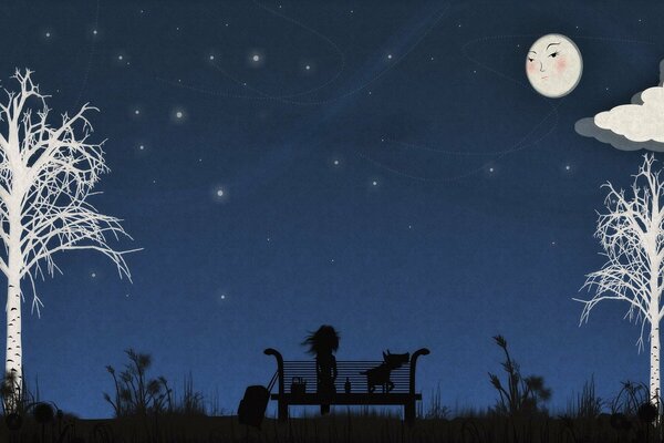 Lonely girl under the moon on a bench