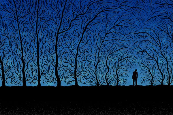 Czarne drzewa i człowiek na niebieskim tle