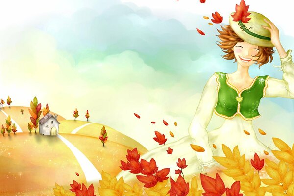 Ilustración de acuarela con una chica sonriente en otoño