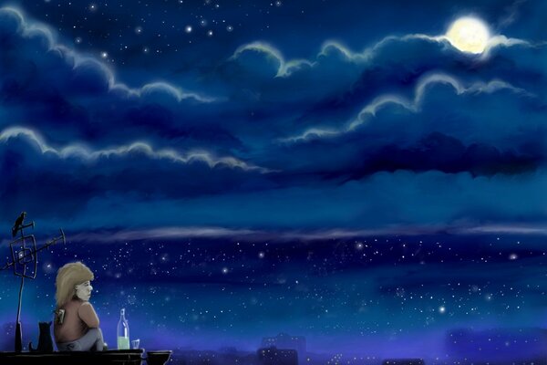 Eine traurige Zeichnung von Carlson auf dem Dach, der auf den Mond schaut