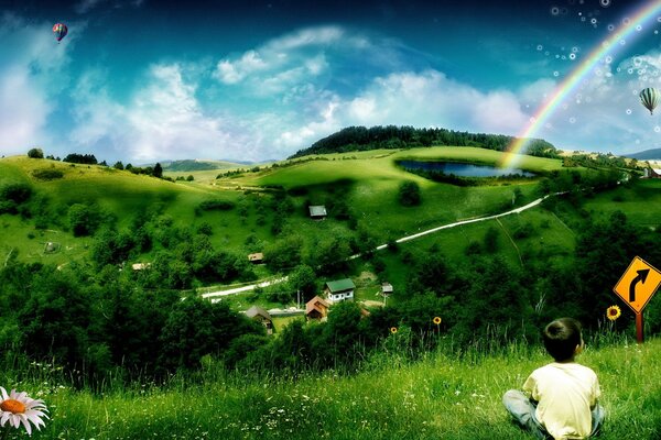 Bambini sulla collina variopinta verde con l arcobaleno