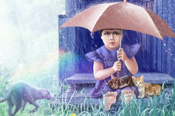 Dziewczynka z kociętami i parasolem