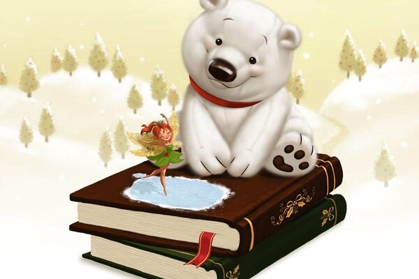 Art white bear sitting on books