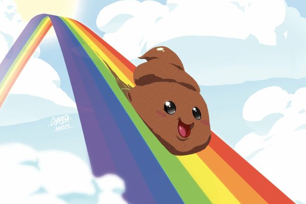 Imagen de una caca de dibujos animados rodando en un arco iris