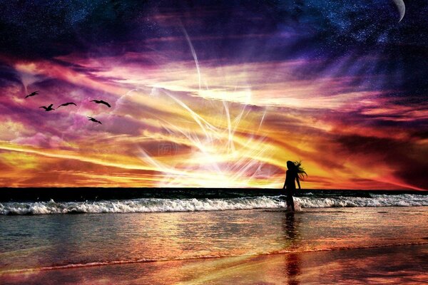 Disegno astratto di una ragazza in riva al mare su uno sfondo al tramonto