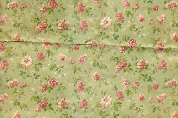 Tissu vert avec fleurs roses