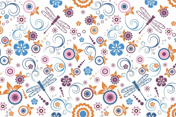 A pattern with dragonflies and orange flowers