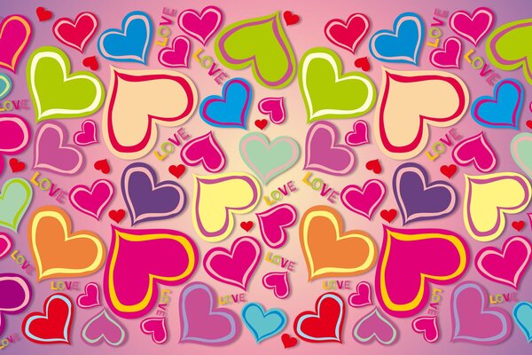 Multicolored patterns of hearts on the background