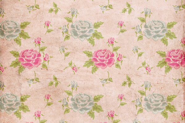 Vintage wallpaper with pink and blue roses