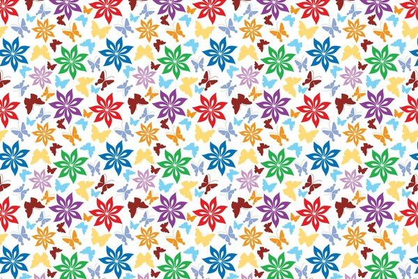 Papillons multicolores et fleurs sur fond blanc