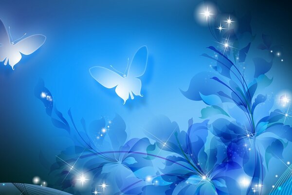 Papillons sur fond de fleurs en bleu