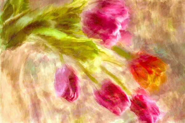 Colorful summer tulips on canvas