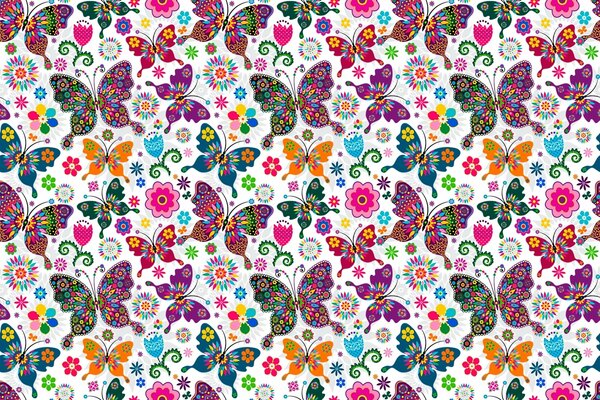 Pattern of butterflies and flowers on a white background