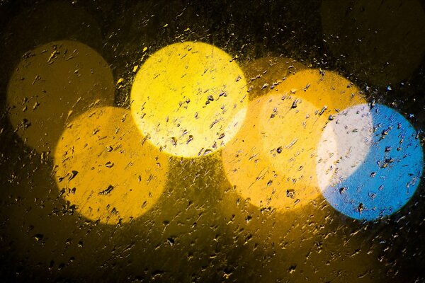 Six large multicolored circles on rain-drenched glass