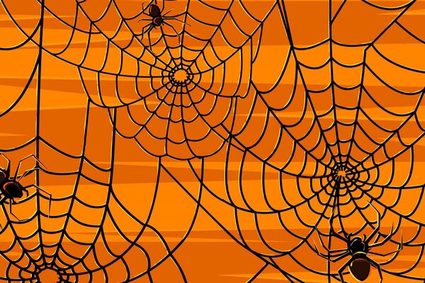 Motif de toile d araignée noire avec des araignées sur fond orange