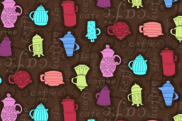 Coffee pots and kettles on a brown background