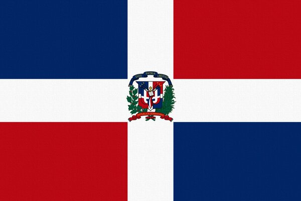 Флаг Доминиканской республики. Крест и квадраты. Герб в центре